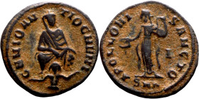 Time of Maximinus II Daia (310-313 AD). Antioch mint. AE Follis. Obv.: GENIO ANTIOCHENI, Tyche seated facing on rock pile; river-god Orontes below. Re...