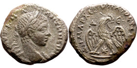 Elagabalus (218-222) Syria: Antioch, Tetradrachm. Obverse: Bust of emperor. Reverse: ΔHMAPX Є-ΞOYCIAC, eagle standing left, head right, wreath in beak...