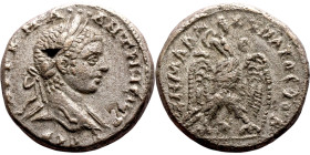 Elagabalus (218-222) Syria: Antioch, Tetradrachm. Obverse: Bust of emperor. Reverse: ΔHMAPX Є-ΞOYCIAC, eagle standing left, head right, wreath in beak...