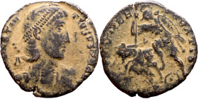 Constantius II (337-361) follis. Obv.: D N CONSTAN-TIVS P F AVG; bust of Constantius II, pearl-diademed, draped, cuirassed, right. Rev.: FEL TEMP RE-P...