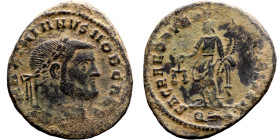 Maximinus II (305-313) Follis. Obverse: GAL VAL MAXIMINVS NOB C, laureate head right. Reverse“ SACR MONET AVGG ET CAESS NN, Moneta standing left, hold...