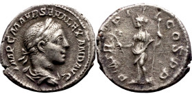 Alexander Severus (222-235) Denarius. Obverse: Bust of emperor. Reverse: Pax standing facing, head left, olive branch in right hand, long scepter vert...