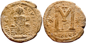 Justinian I (527-565) Follis. Antioch . Obverse: Justinian on throne. Reverse: Large Large M and Cross. THEUP

33mm 17.04g

Artificial sand patina