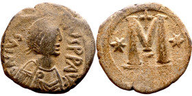 Justin I (518-527) Follis Obverse: :D N IVSTINVS PP AVG, diademed, draped, and cuirassed bust right Reverse: Large M

32mm 18.10g

Artificial sand...