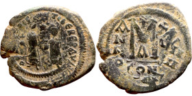 Heraclius and Hercalius. Constantine (610-641) Follis. Obverse: Heraclius on left, Heraclius Constaninte on right, . Reverse: ANNO, Large M, cross abo...