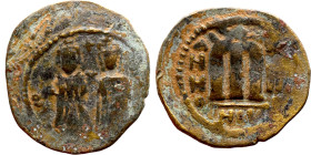 Phocas and Leontia.(602-610). Follis. . Obverse: Standing Phocas and Leonita Reverse: Large m between ANNO and regnal year.

27mm 6.44g