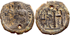 Maurice Tiberius (582-602) 8 x pentanummium. Obverse: Emperor and Empers. Revers:e Large H, standing Figure

28mm 11.28g
