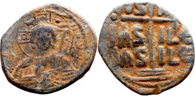Anonymous Follis attributed to Romanus III (1028-1034). Obverse: +ЄMMA-NOVH. Nimbate bust of Christ Pantokrator Reverse: Large cross set upon three st...