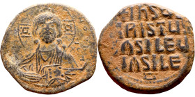 Anonymous Follis attributed to Basil II (976-1025) Obverse: +ЄMMA-NOVH / IC-XC Nimbate bust of Christ Pantokrator Reverse: + IhSYS XRISTYS bASILEY bAS...