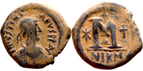Justinian I (527-565) Follis. Obverse: D N IVSTINIANVS PP AVG, diademed, draped, and cuirassed bust right Reverse: Large M, mintmark

30mm 17.50g