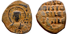 Anonymous Follis attributed to Basil II (976-1025) Obverse: +ЄMMA-NOVH / IC-XC Nimbate bust of Christ Pantokrator Reverse: + IhSYS XRISTYS bASILEY bAS...