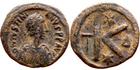Justin I (518-527) Half follis. Obverse: DN IVSTINVS PF AVG daidemed bust. Reverse: LARGE K, mintmark

26mm 8.76g