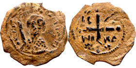 Tancred (Regent: 1101-1103, 1104-1112). Follis. Antioch. Obverse: KE BOIΘH TANKRI.Bust of Tancred facing, wearing turban and chain mail, holding sword...
