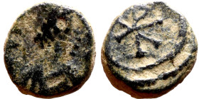 Justin I (518-527) Pentanummium. Obverse: D N IVSTINVS P P AVG, diademed, draped, and cuirassed bust right Reverse: Chi-rho

8mm 0.71g