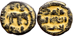 Umayyad/Abbasid. Bronze coin. Obverse: Arbic inscription. Reverse: Arabic inscription

17mm 2.16g

Artificial sand patina