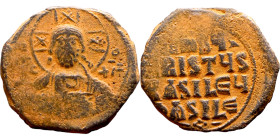 Anonymous Follis attributed to Basil II (976-1025) Obverse: +ЄMMA-NOVH / IC-XC Nimbate bust of Christ Pantokrator Reverse: + IhSYS XRISTYS bASILEY bAS...