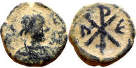 Justin I (518-527) Pentanummium. Obverse: :D N IVSTINVS PP AVG, diademed, draped, and cuirassed bust right Reverse: CHI-RO

14mm 2.03g