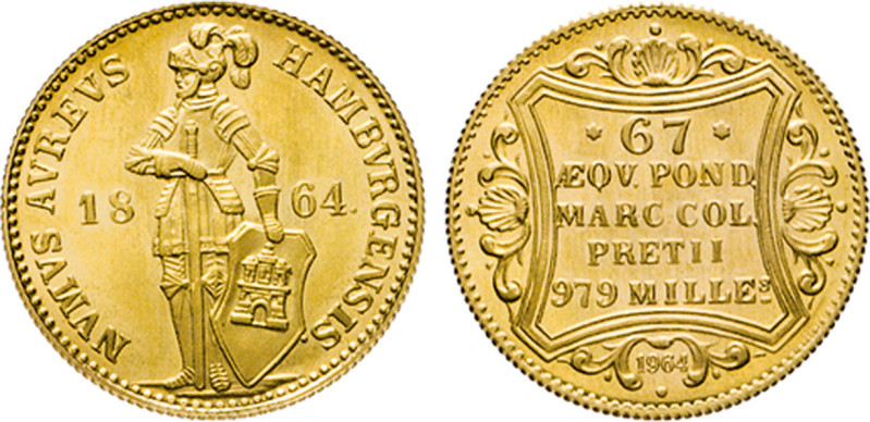 Hamburgische Prägungen in Gold. Dukat 1864. Nachprägung 1964 aus Anlass des 100-...