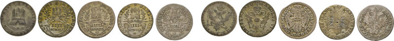 Hamburgische Münzen in Silber. 4 Schilling 1725, 1727, 1728, 1738 IHL, 1797 OHK....