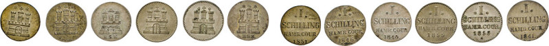 Hamburgische Münzen in Silber. 1 Schilling 1840, 1841 HSK, 1846, 1851, 1855 o.Mz...