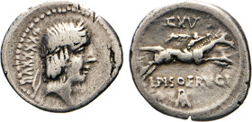 RÖMISCHE REPUBLIK. L. Calpurnius Piso, Frugi. Denar, 90, Rom. Apollokopf n.r. Rs. Reiter n.r. Albert 1174. Sear 235. 3,68 g. fss