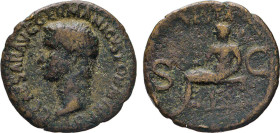 RÖMISCHES REICH. Caligula, 37–41. AE As. Büste n.l. Rs. Vesta n.l. sitzend. Kampm. 11.9. RIC 38. 9,28 g. s