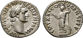 RÖMISCHES REICH. Domitianus, 81–96. AR Denar, 91. Belorbeerte Büste n.r. Rs. Stehende Minerva mit Blitz u. Speer. Kampm. 24.68. RIC 158. 3,52 g. vz...