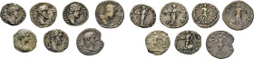 RÖMISCHES REICH. Sieben Denare: Traianus, 98–117. Hadrianus, 117–138. Antoninus Pius, 138–161. Faustina Maior, 141. Marcus Aurelius, 161–180. Caracall...