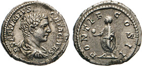 RÖMISCHES REICH. Geta als Caesar, 198–209. Denar, PONTIF COS II. Genius n.l. opfernd. Kampm. 53.22.1. 4,16 g. vz