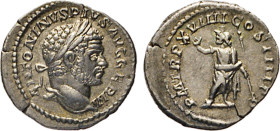 RÖMISCHES REICH. Caracalla, 198–217. Denar. Büste n.r. Rs. Serapis n.l. stehend. Kampm. 51.94.5. RIC 280c. 3,15g. Rs. Leicht dezentriert. vz