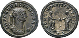 RÖMISCHES REICH. Aurelianus, 270–275. AE Antoninian, Siscia. Büste n.r. mit Strahlenkrone. Rs. Kaiser reicht Concordia die Hand. Kampm. 106.17. RIC 21...