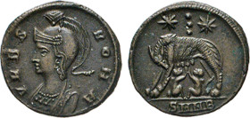 RÖMISCHES REICH. Constantinus I., 307–337, und Söhne. AE Follis, Nikomedia. Behelmte Büste der Roma n.l. VRBS ROMA. Rs. Wölfin, die Zwillinge säugend....