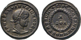 RÖMISCHES REICH. Constantinus II. als Caesar, 316–337. AE Follis, 320–321, Siscia. Belorbeerte Büste n.r. Rs. Kranz mit VOT V. Kampm. 145.29. RIC 163....