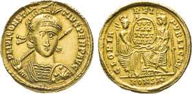 RÖMISCHES REICH. Constantius II. als Augustus, 337–361. Solidus, Konstantinopel. Gepanzertes Brustbild v. vorn mit geschulterter Lanze u. Helm. Rs. Ro...