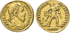 RÖMISCHES REICH. Julianus II. als Augustus, 360–363. Solidus, Antiochia. Bärtiges Brustbild r. Rs. Herrscher knieenden Gefangenen am Schopf packend, i...