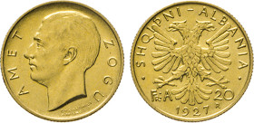 ALBANIEN. Zogu I., 1925/1928–1939. 20 Franken 1927 R. Fb. 2. Schl. 14. GOLD vz