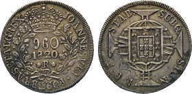 BRASILIEN. Johannes VI., 1818–1822. 960 Reis 1820, Rio de Janeiro. KM 326.1. Auf der Rs. Überprägungsreste erkennbar. ss