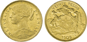 CHILE. 20 Pesos 1908. Fb. 51. KM 158. 11,94 g. GOLD ss