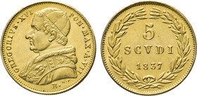 ITALIEN. KIRCHENSTAAT/VATIKAN. Gregor XVI., 1831–1846. 5 Scudi 1837. Fb. 265. GOLD vz