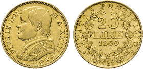 ITALIEN. Pius IX., 1846–1878. 20 Lire 1869 R. Fb. 280. GOLD ss-vz