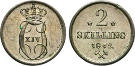 NORWEGEN. Carl XIV. Johan, 1818–1844. 2 Skilling 1842, Kongsberg. ABH 47. Sieg 5. vz