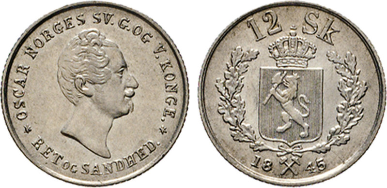 NORWEGEN. Oscar I., 1844–1859. 12 Skilling 1845, Kongsberg. Ahlström 24. Sieg 1....