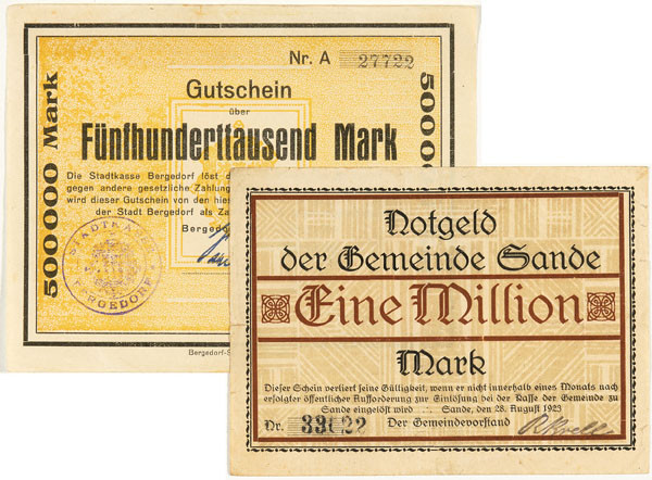 PAPIERGELD. Bergedorf, Stadtkasse. 500 Tausend Mark vom 7.8.1923. 2 Mio Mark v. ...
