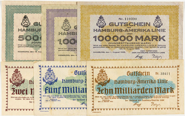 PAPIERGELD. Hamburg-Amerika-Linie. 100 Tausend Mark v. 1.8.1923. 500 Tausend u. ...