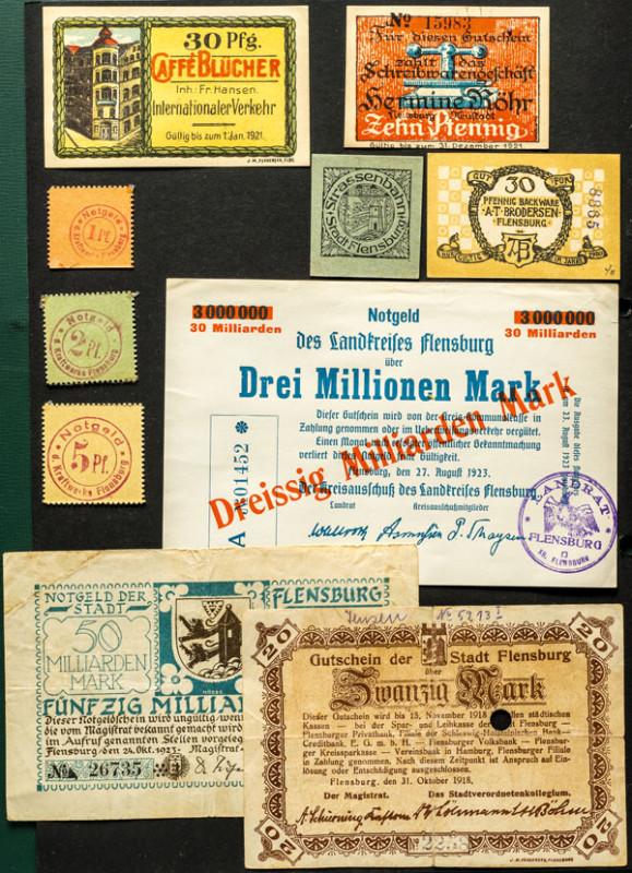 LOTS.. Flensburg, Stadt- und Landkreis, Firmen. Kleine Sammlung von Notgeldschei...