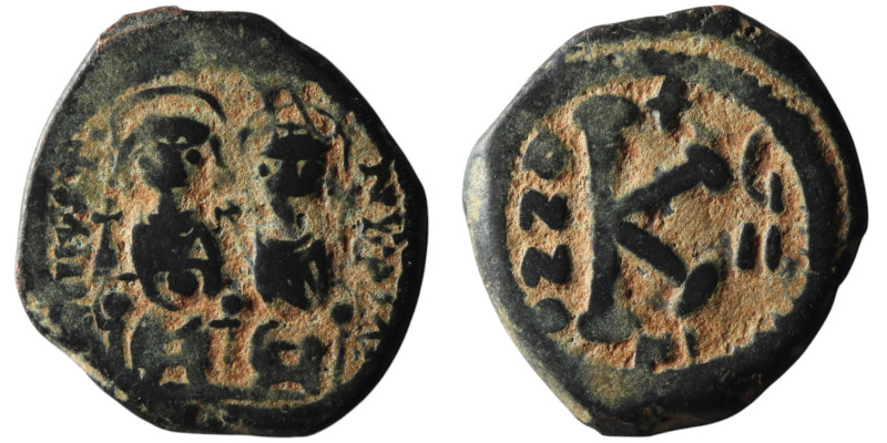 Justin II with Sophia (AD 565-578). Nicomedia. dated RY 7 =571/2
AE Half Follis ...