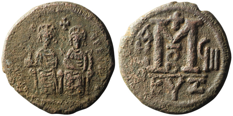 Justin II with Sophia (AD 565-578). Kyzikos. dated RY 8 = 572/3
AE Follis (30mm,...