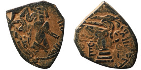 Umayyad Caliphate. Abd al-Malik ibn Marwan (AH 65-86 / AD 685-705). Arab-Byzantine type
AE Fals (21mm, 3,04g)

Artificial sandpatina