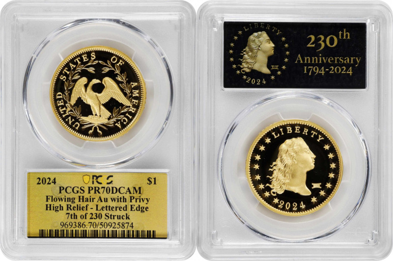 2024 230th Anniversary Flowing Hair High Relief Gold Coin. Special “230” Privy M...