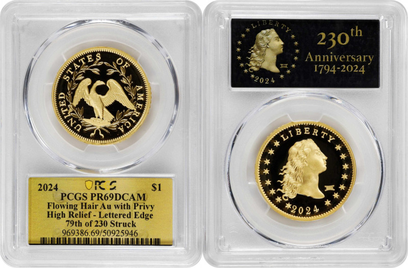 2024 230th Anniversary Flowing Hair High Relief Gold Coin. Special “230” Privy M...